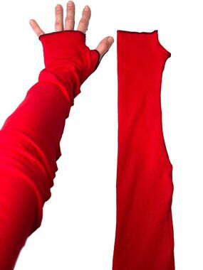 Long Arm Warmers Red Cotton Jersey UV Protection Sleeves Covers Driving Gloves